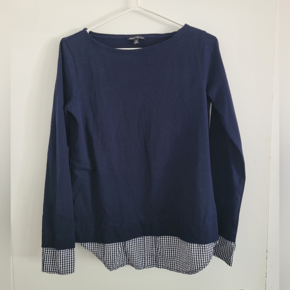 J. Crew Mercantile Navy Blue Long Sleeve Top with Checkered Hem Size XS Women